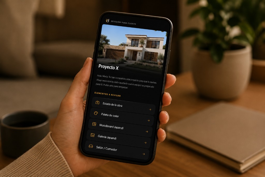 Cliente revisando un proyecto desde el móvil con enlace de revisión