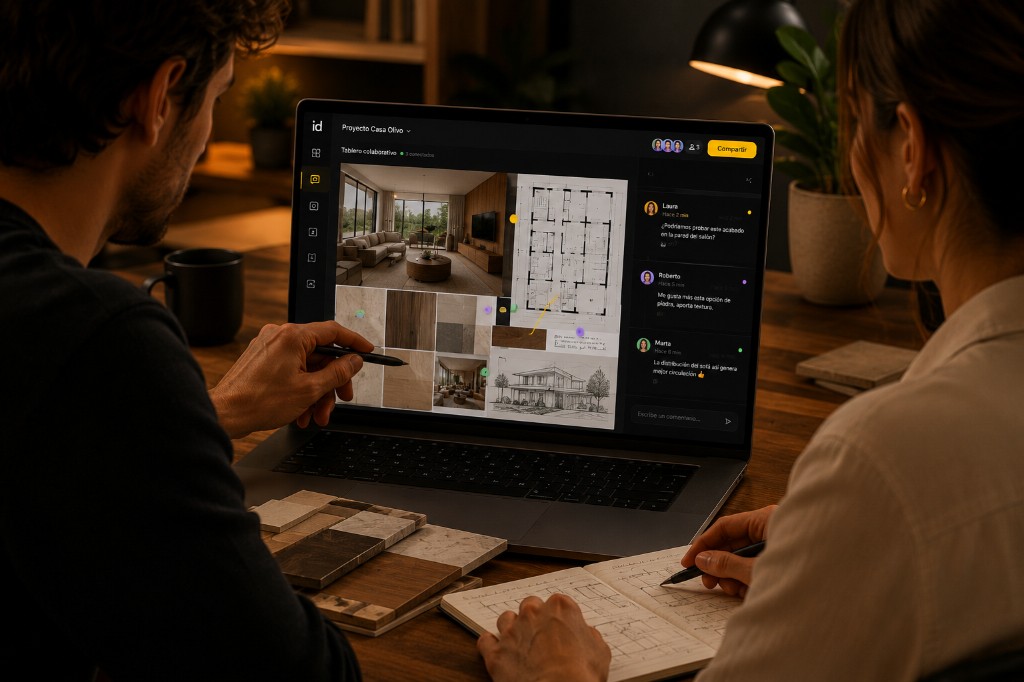 Equipo colaborando en un tablero con renders, planos y comentarios