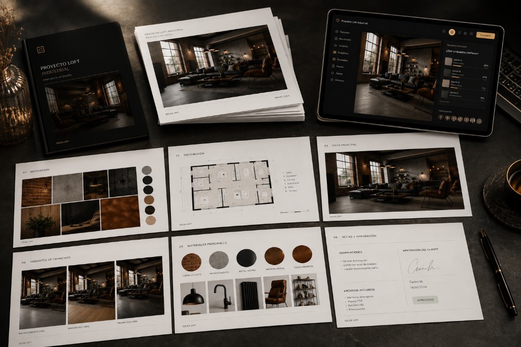 Paquete PDF impreso con moodboard, planos, variantes y aprobación