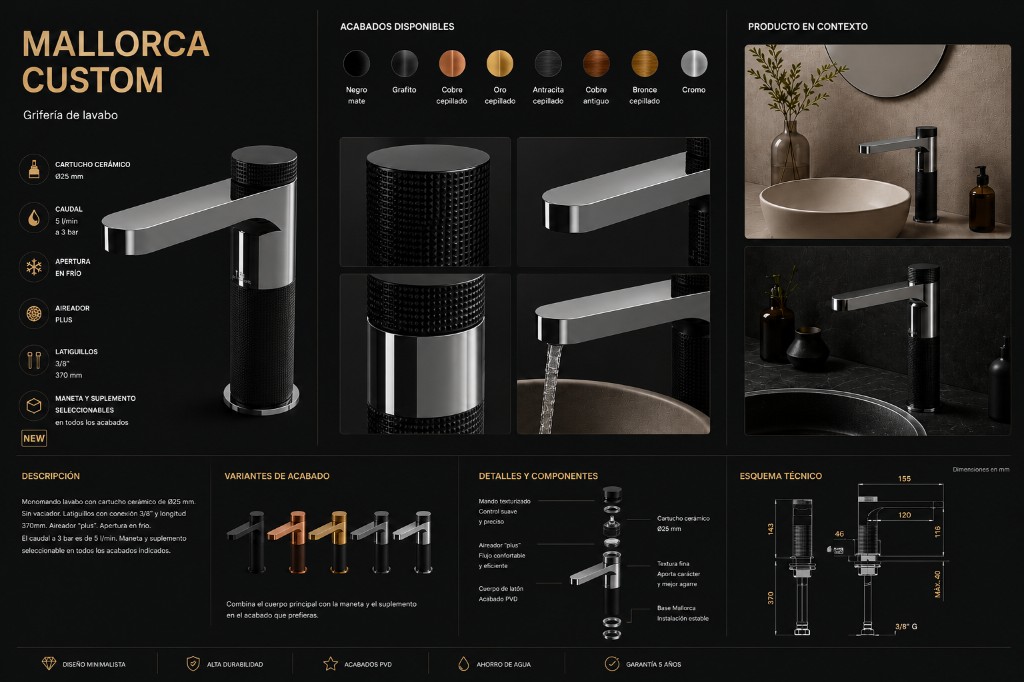 Lámina de producto con renders, acabados y esquema técnico