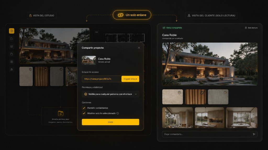 Modal de compartir proyecto con enlace único, permisos y vista cliente de solo lectura