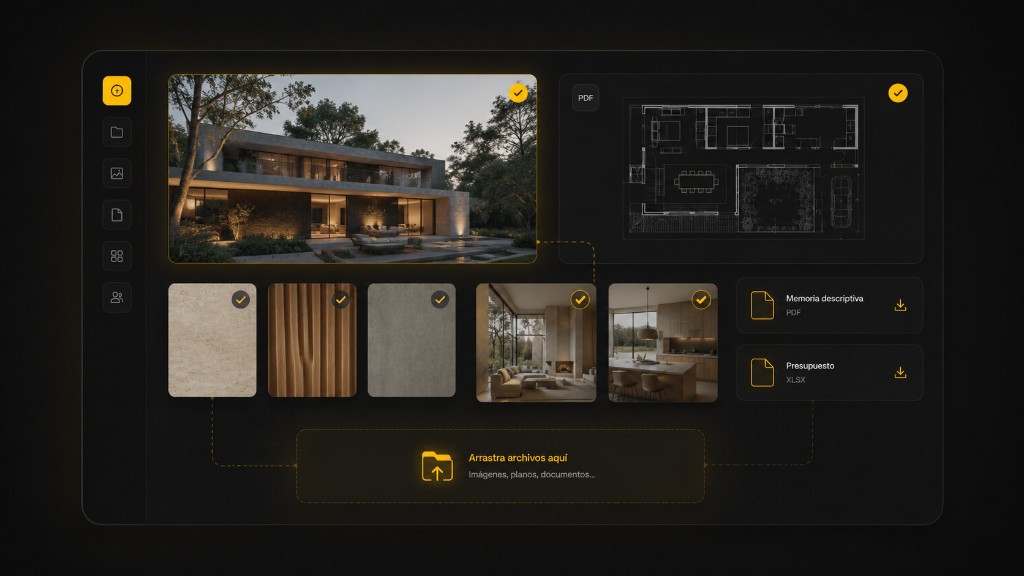 Tablero de Idear con render, plano, materiales, referencias y documentos del proyecto reunidos